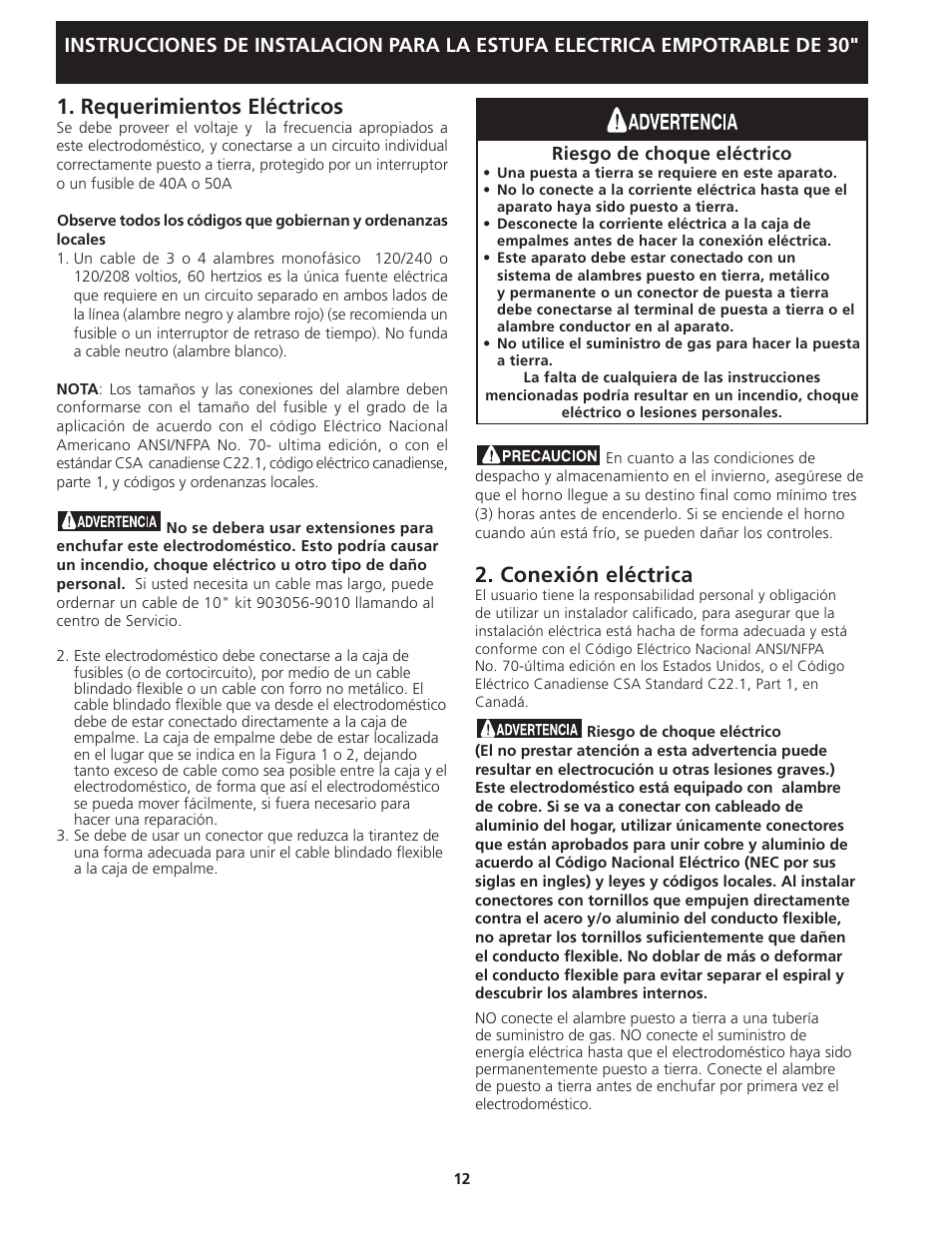 Requerimientos eléctricos, Conexión eléctrica | FRIGIDAIRE 318201613 User Manual | Page 12 / 16