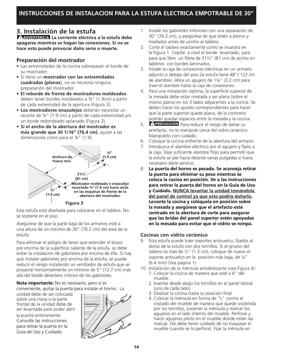 Instalación de la estufa | FRIGIDAIRE 318201613 User Manual | Page 14 / 16