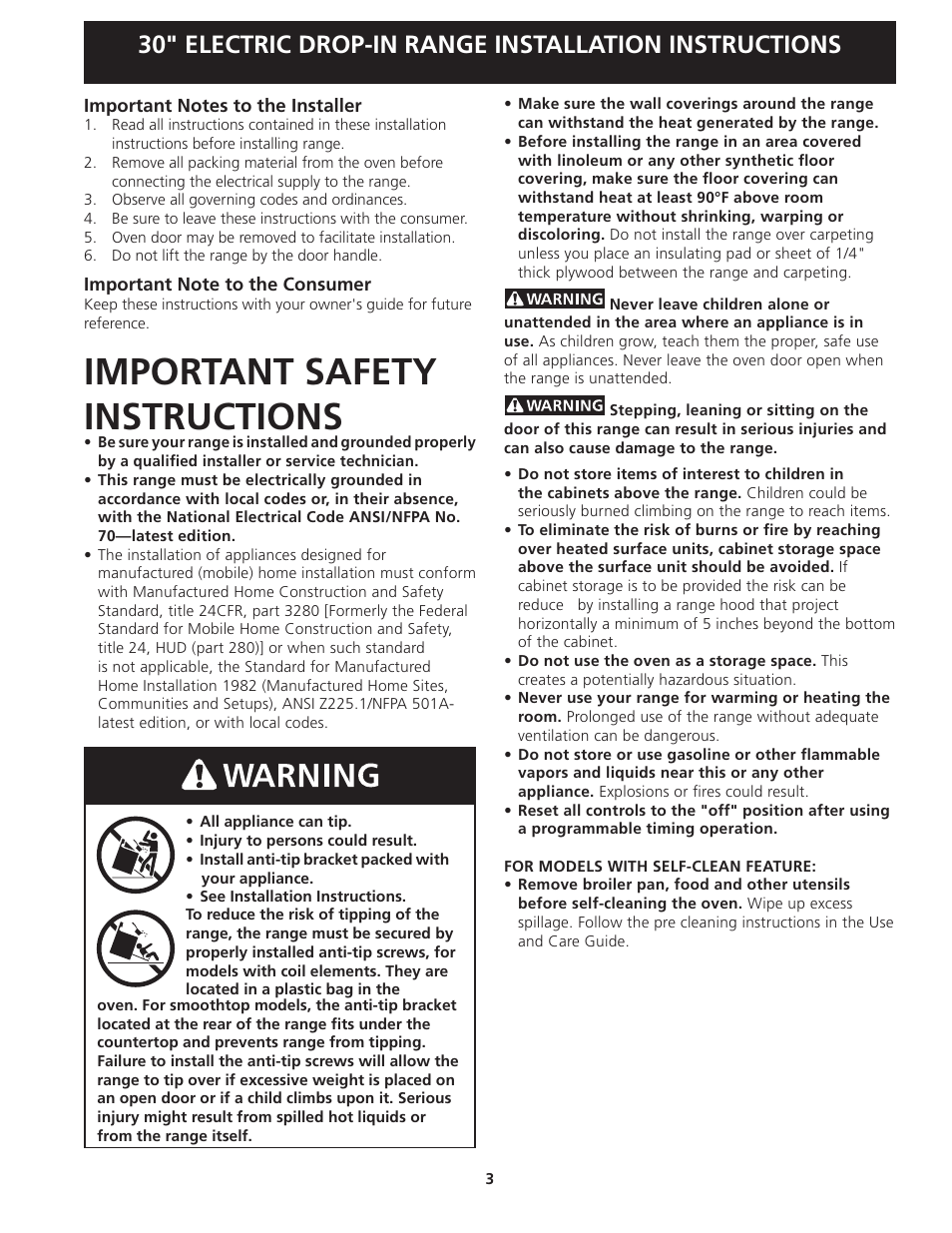 Important safety instructions | FRIGIDAIRE 318201613 User Manual | Page 3 / 16