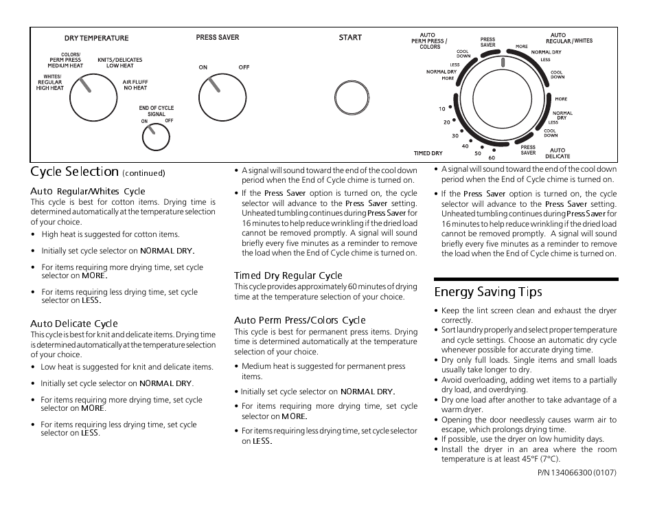 Cycle selection, Energy saving tips | FRIGIDAIRE 134066300 User Manual | Page 2 / 2