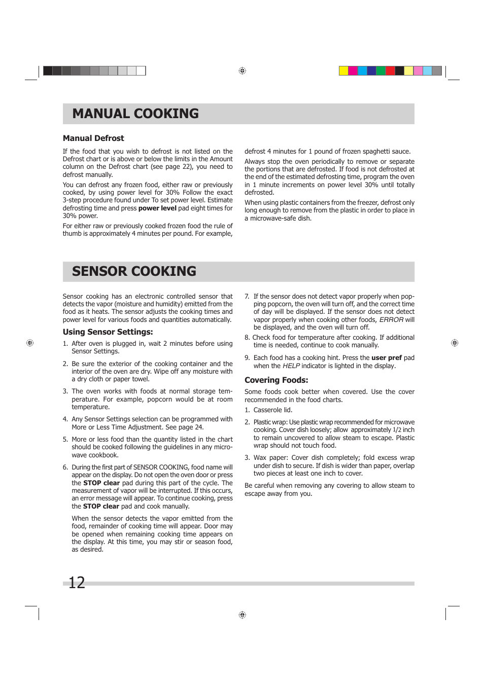 Manual cooking, Sensor cooking | FRIGIDAIRE 316495055 User Manual | Page 12 / 29