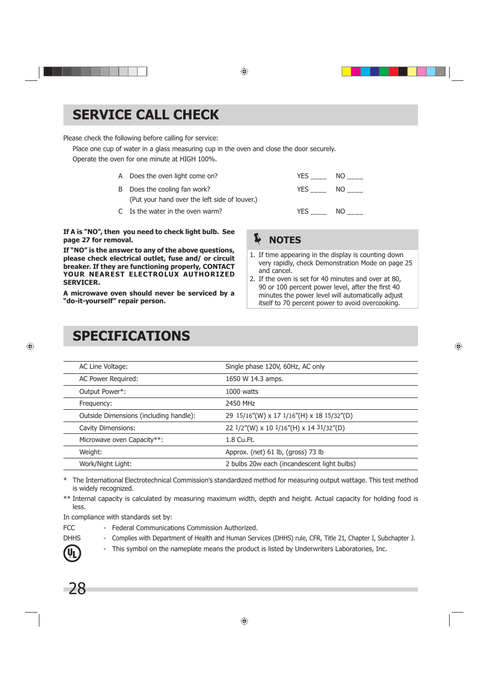 Service call check specifications | FRIGIDAIRE 316495055 User Manual | Page 28 / 29