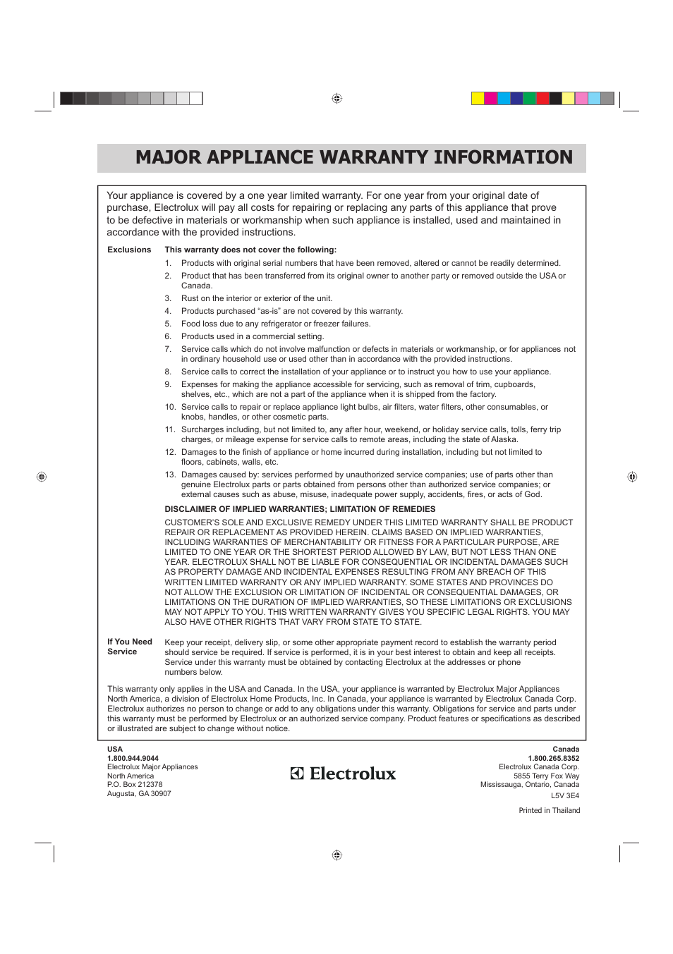 Major appliance warranty information | FRIGIDAIRE 316495055 User Manual | Page 29 / 29