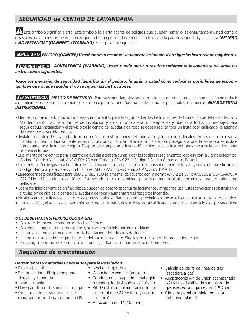 Requisitos de preinstalación, Seguridad de centro de lavandaria | FRIGIDAIRE 134897500B User Manual | Page 12 / 20