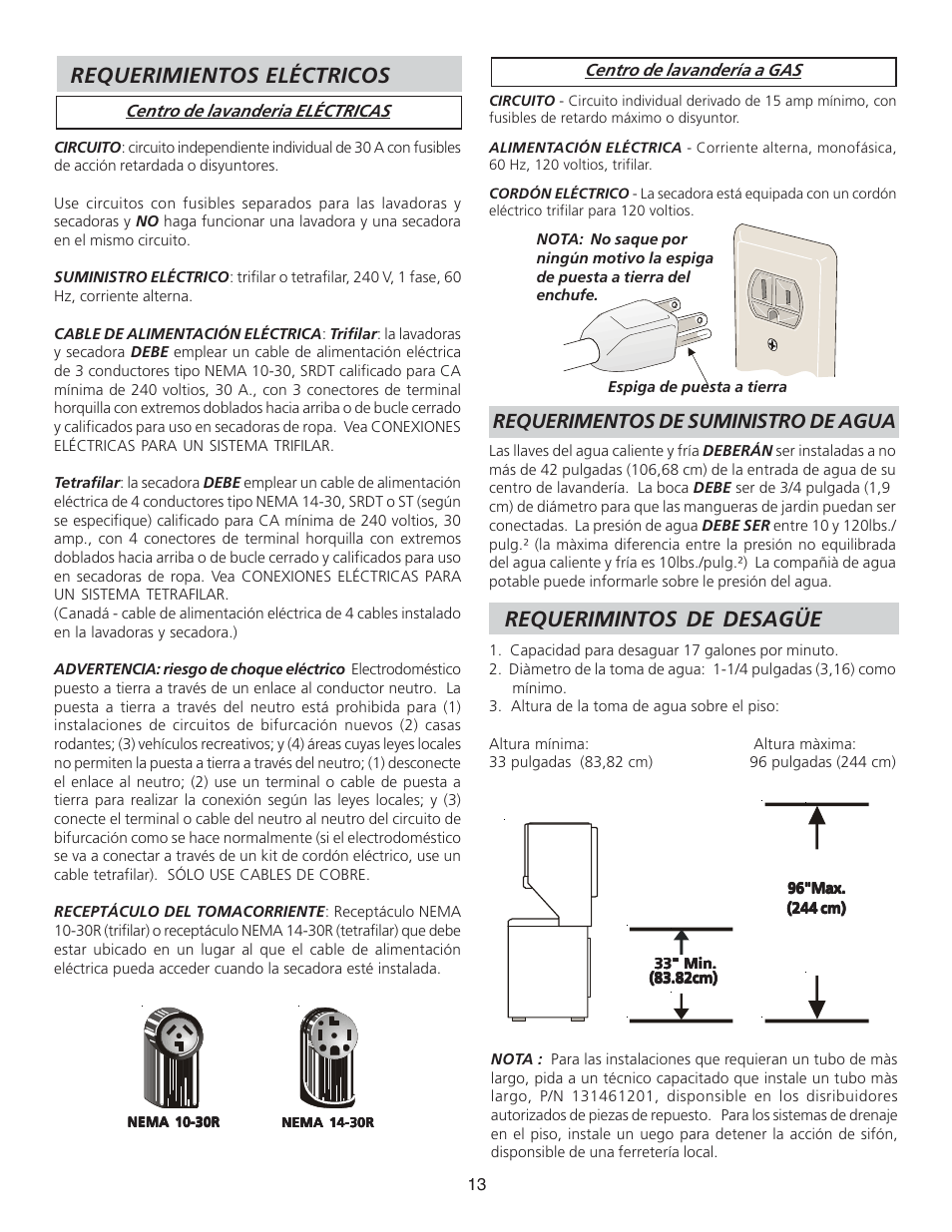 Requerimientos eléctricos, Requerimintos de desagüe, Requerimentos de suministro de agua | FRIGIDAIRE 134897500B User Manual | Page 13 / 20