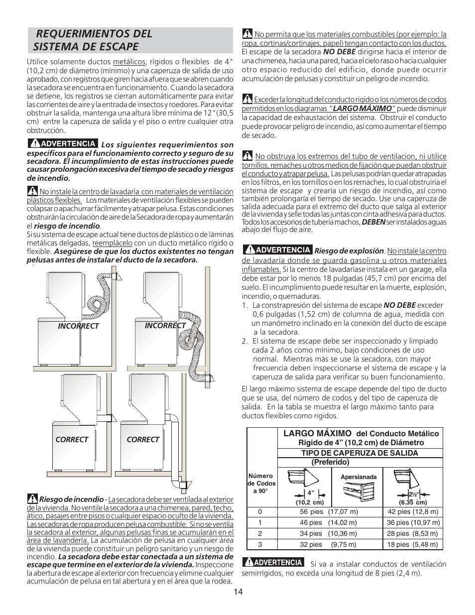 Requerimientos del sistema de escape | FRIGIDAIRE 134897500B User Manual | Page 14 / 20