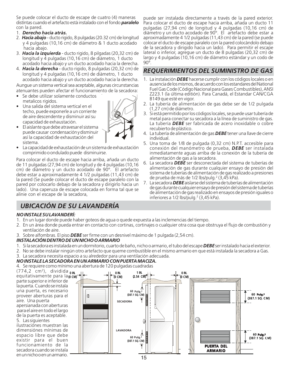 Requerimientos del suministro de gas, Ubicación de su lavandería | FRIGIDAIRE 134897500B User Manual | Page 15 / 20