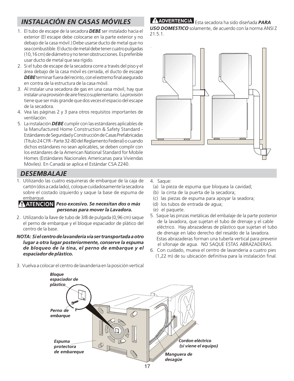 Instalación en casas móviles, Desembalaje | FRIGIDAIRE 134897500B User Manual | Page 17 / 20
