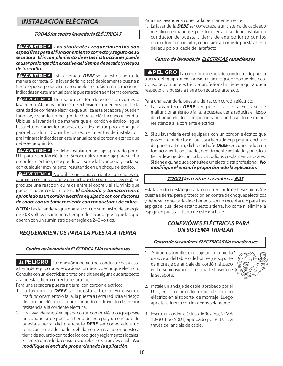 Instalación eléctrica | FRIGIDAIRE 134897500B User Manual | Page 18 / 20