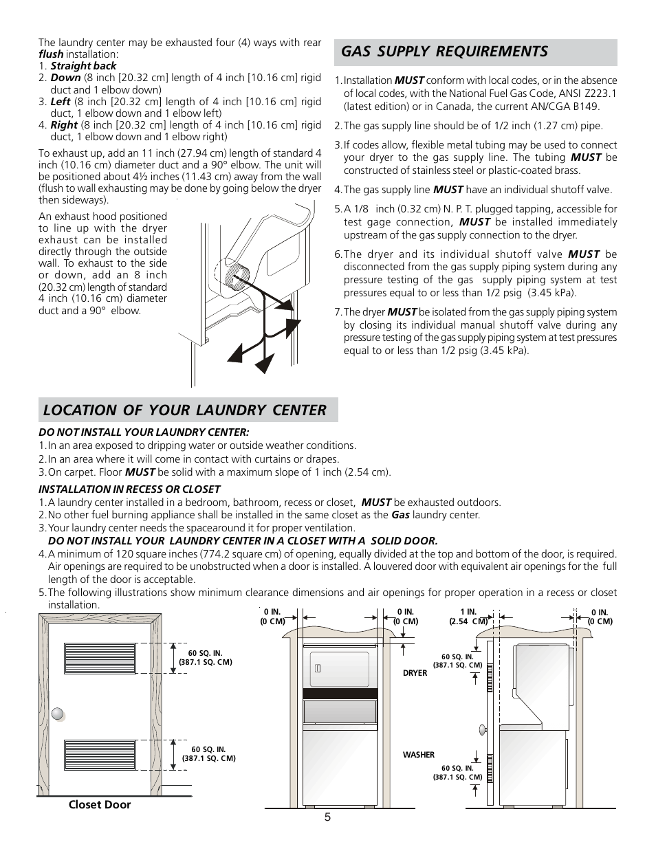 Location of your laundry center, Gas supply requirements | FRIGIDAIRE 134897500B User Manual | Page 5 / 20