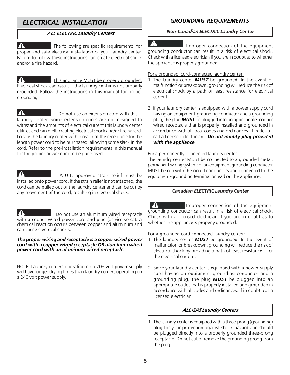 Electrical installation | FRIGIDAIRE 134897500B User Manual | Page 8 / 20