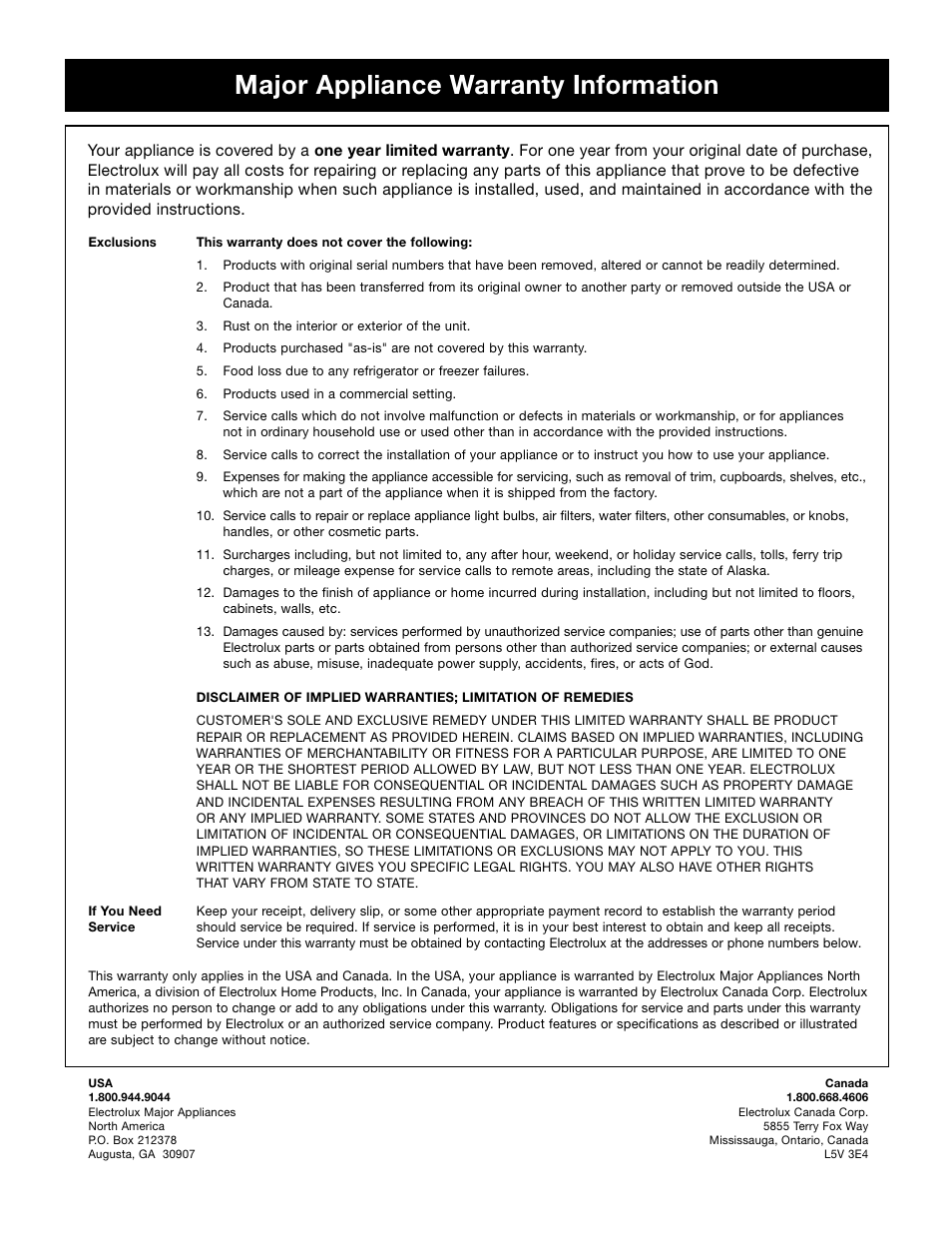 Major appliance warranty information | FRIGIDAIRE F36WC User Manual | Page 8 / 8