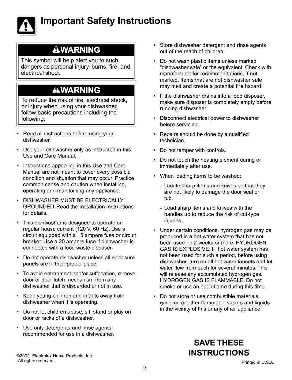 Important safety instructions, Warning, Save these instructions | FRIGIDAIRE 154428101 User Manual | Page 2 / 12