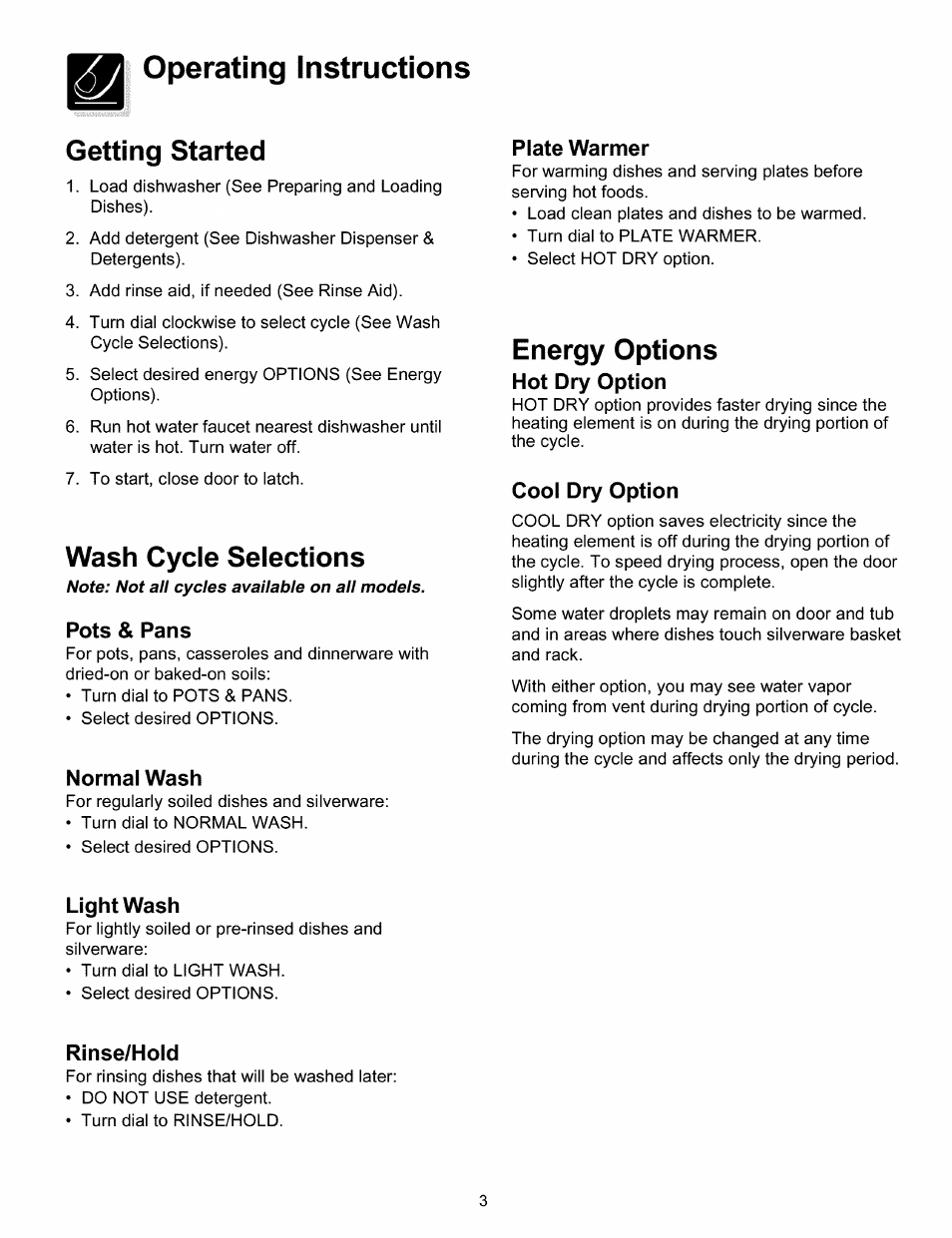 Operating instructions, Getting started, Wash cycle selections | Pots & pans, Normal wash, Plate warmer, Energy options, Hot dry option, Cool dry option, Light wash | FRIGIDAIRE 154428101 User Manual | Page 3 / 12