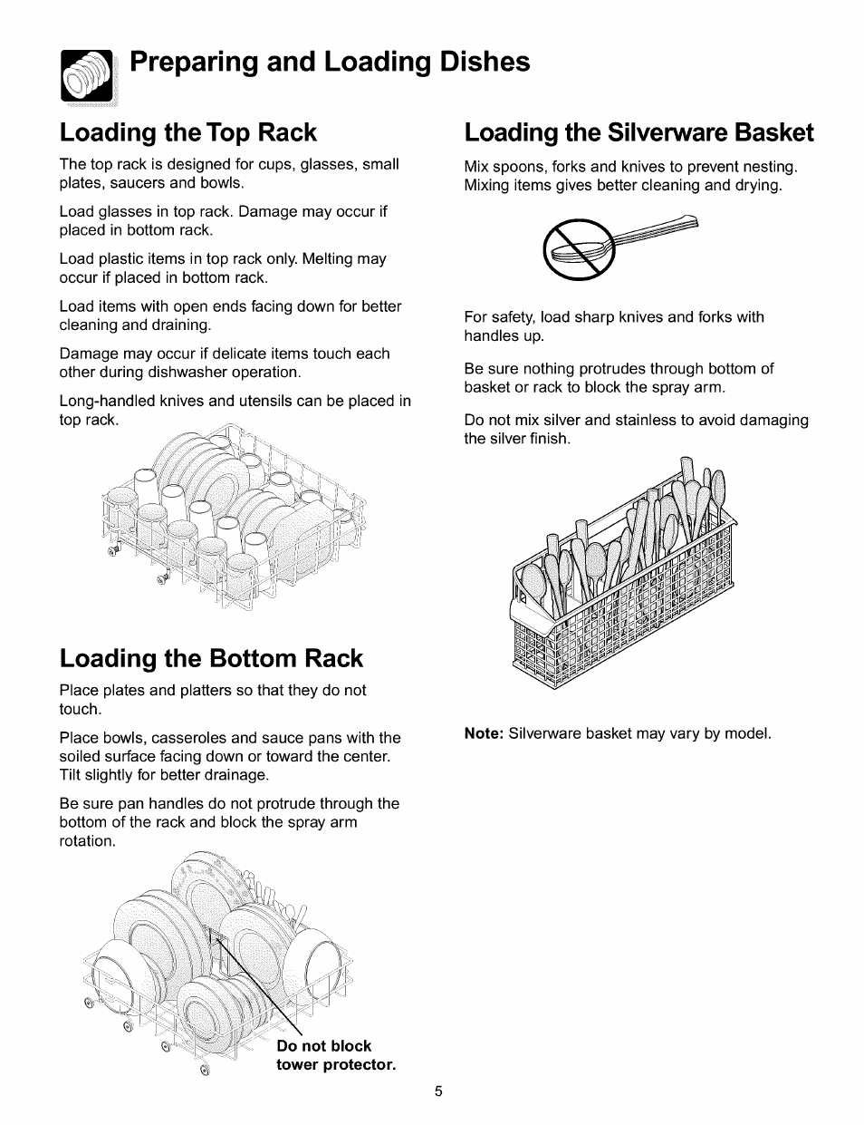 Loading the bottom rack, Loading the silverware basket, Preparing and loading dishes loading the top rack | FRIGIDAIRE 154428101 User Manual | Page 5 / 12