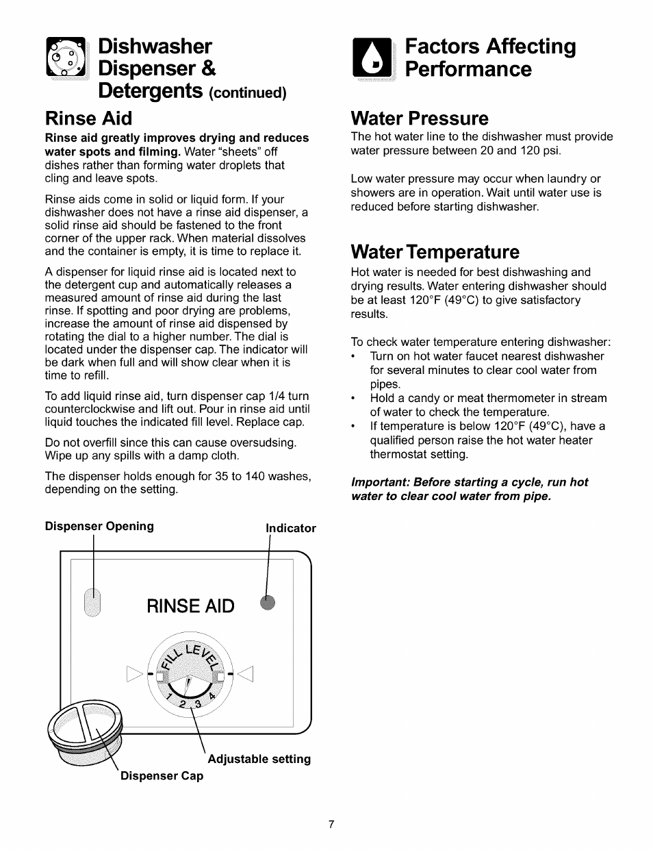 Dishwasher dispenser & detergents (continued), Rinse aid, Factors affecting performance | Water pressure, Water ternperature, Dishwasher dispenser & detergents | FRIGIDAIRE 154428101 User Manual | Page 7 / 12