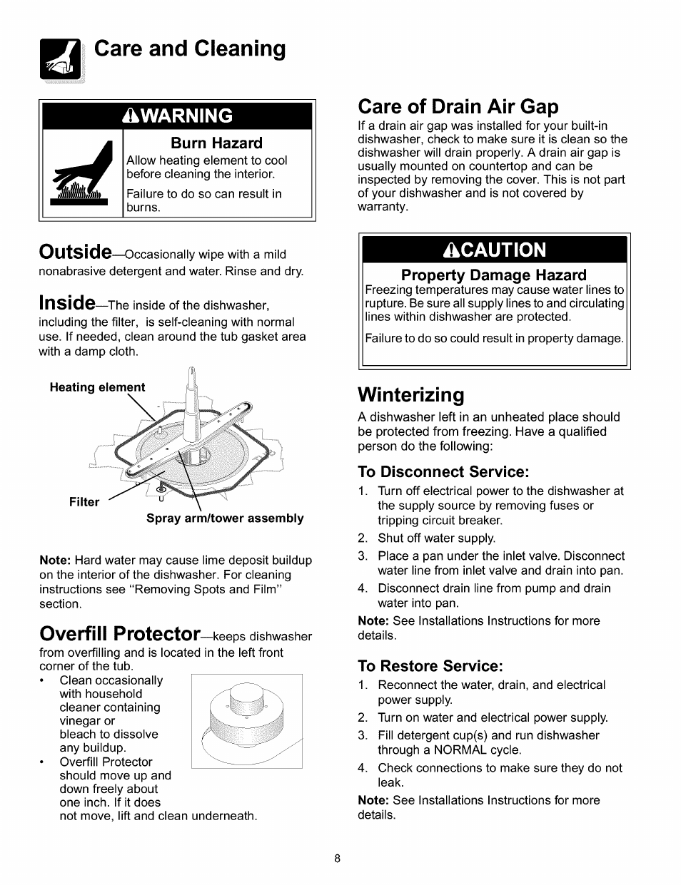 Care and cleaning, Overfill protector-keeps dishwasher, Care of drain air gap | Winterizing, To disconnect service, To restore service, Warning, Overfill, Caution | FRIGIDAIRE 154428101 User Manual | Page 8 / 12