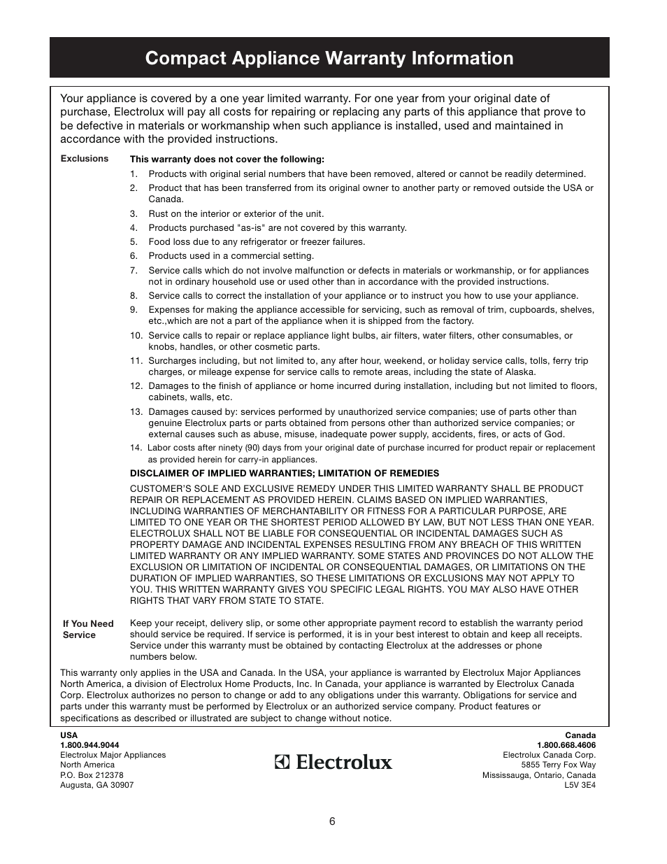 Compact appliance warranty information | FRIGIDAIRE 241846000 User Manual | Page 6 / 8