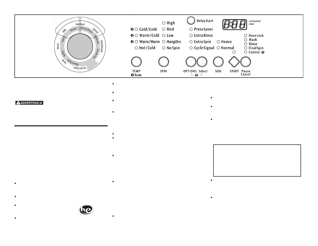 Instrucciones de funcionamiento del lavadora | FRIGIDAIRE 134489700A (0501) User Manual | Page 5 / 8