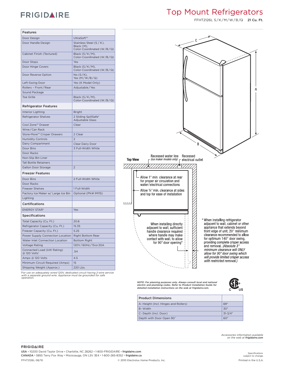 Top mount refrigerators frigidaire baseline, Top mount refrigerators | FRIGIDAIRE FFHT2126L User Manual | Page 2 / 2