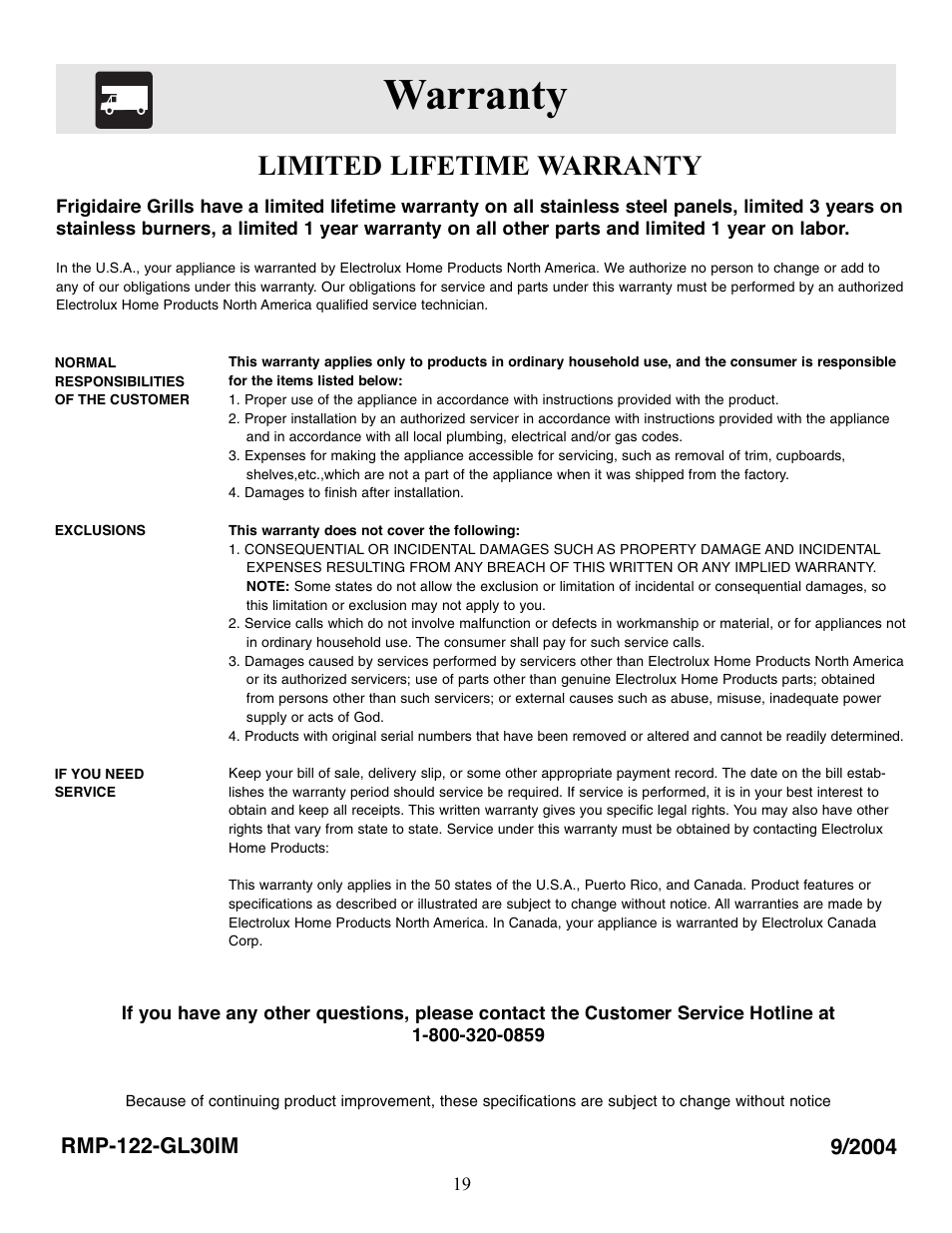 Warranty, Limited lifetime warranty | FRIGIDAIRE Grill User Manual | Page 19 / 19