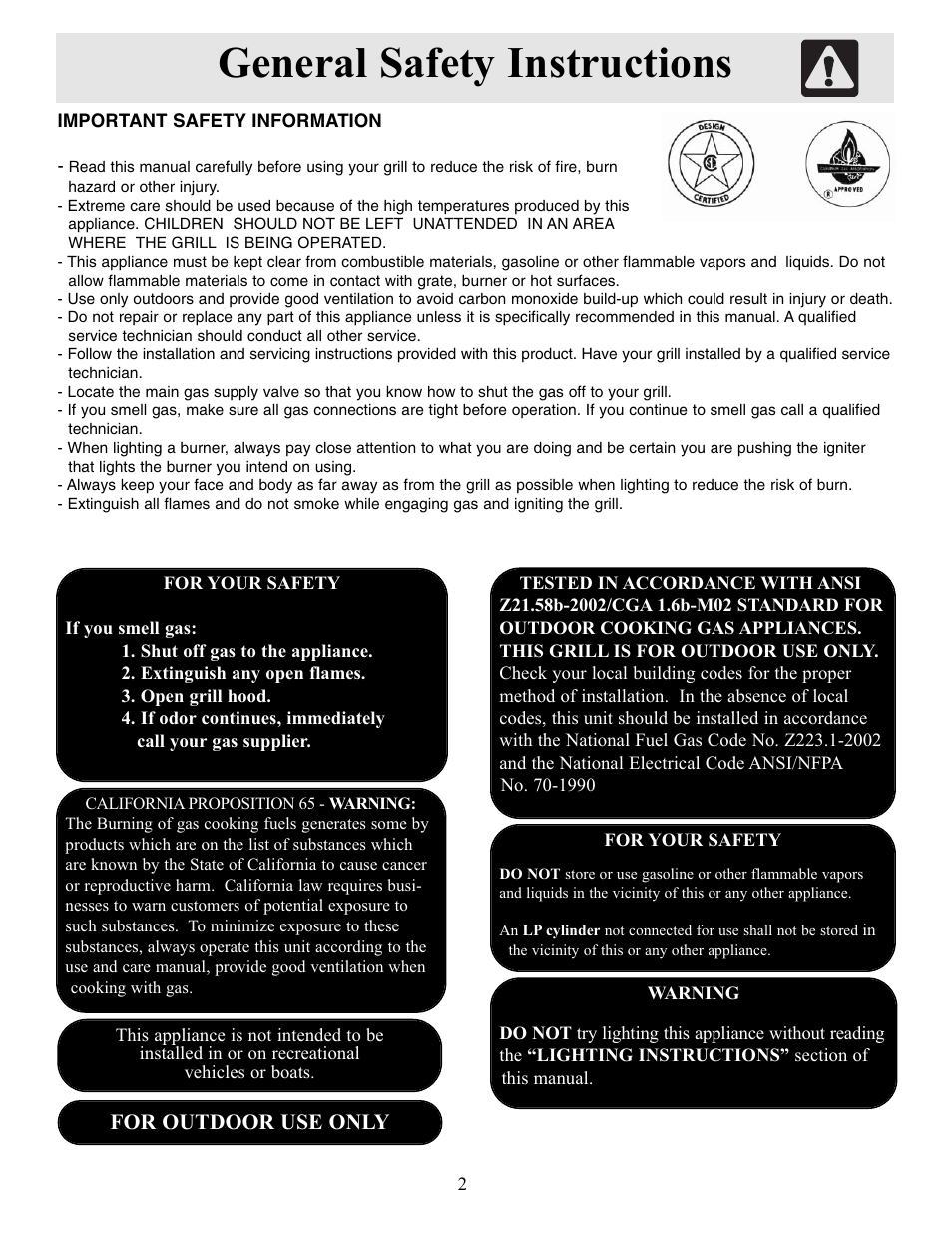 General safety instructions, For outdoor use only | FRIGIDAIRE Grill User Manual | Page 3 / 19