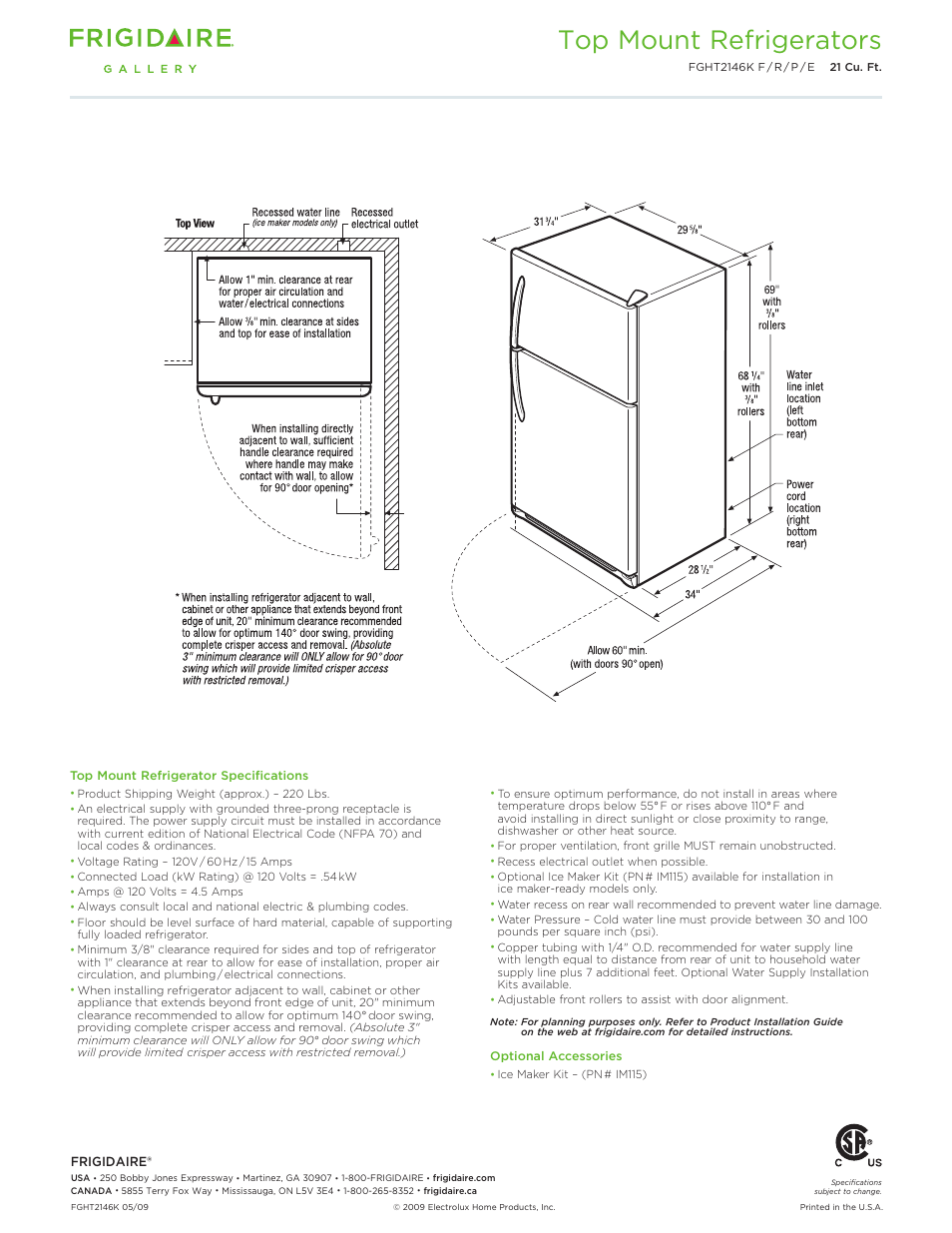 Top mount refrigerator - 21 cu. ft. gallery, Top mount refrigerators | FRIGIDAIRE FGHT2146k User Manual | Page 2 / 2