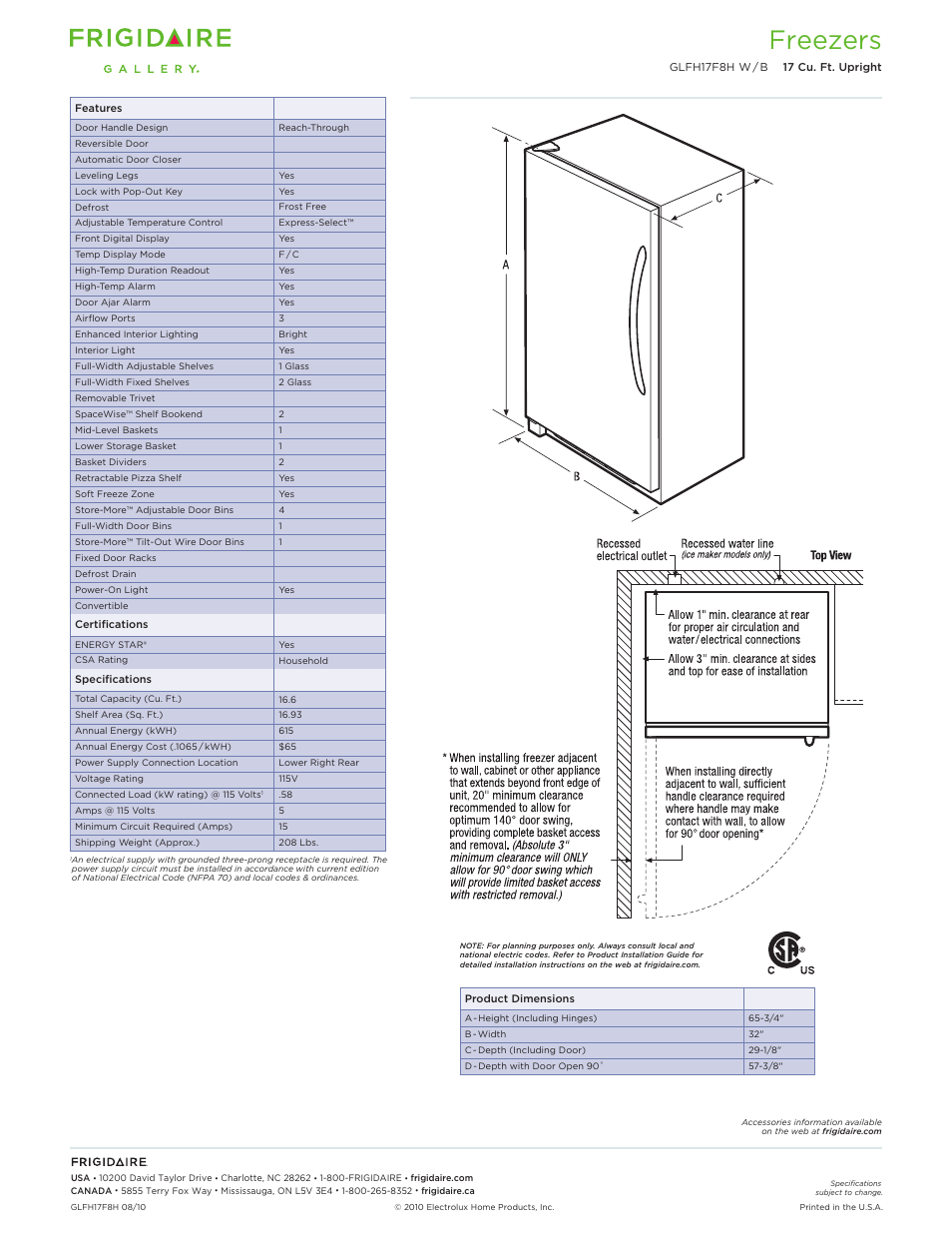 Freezers | FRIGIDAIRE GLFH17F8H User Manual | Page 2 / 2