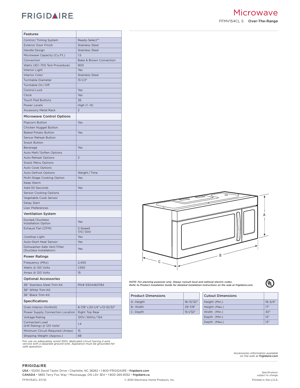 Over-the-range microwave oven frigidaire baseline, Microwave | FRIGIDAIRE FFMV154CLS User Manual | Page 2 / 2