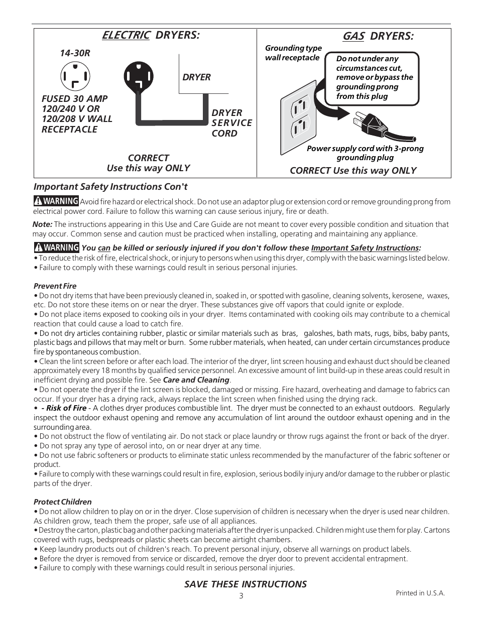 English, Electric, Dryers | FRIGIDAIRE 134760600A User Manual | Page 3 / 8