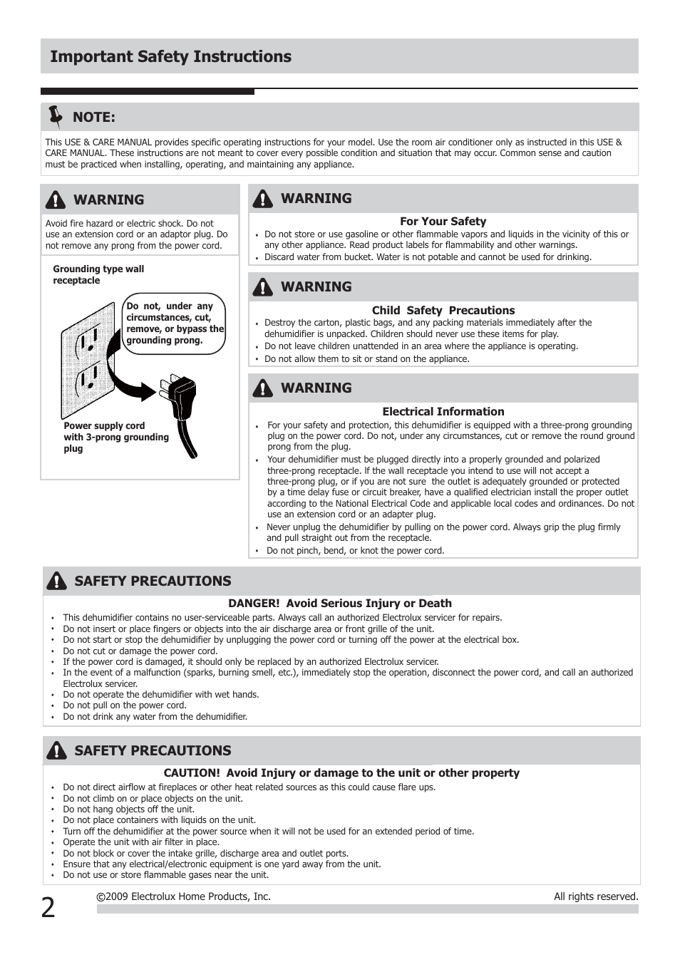 Important safety instructions | FRIGIDAIRE DEHUMIDIFIER 2020264A0429 User Manual | Page 2 / 8