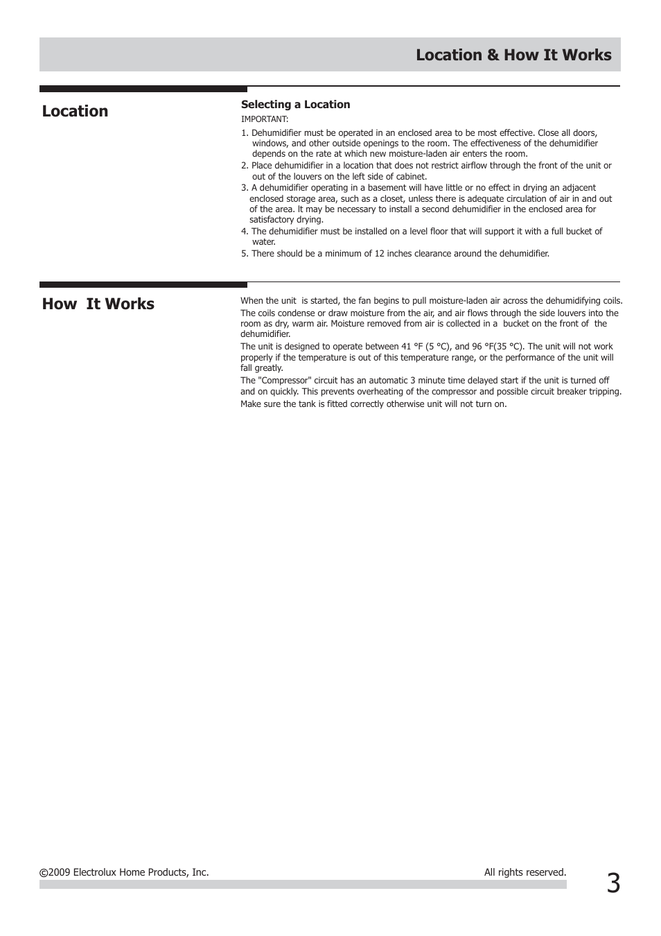 Location & how it works, Location, How it works | FRIGIDAIRE DEHUMIDIFIER 2020264A0429 User Manual | Page 3 / 8