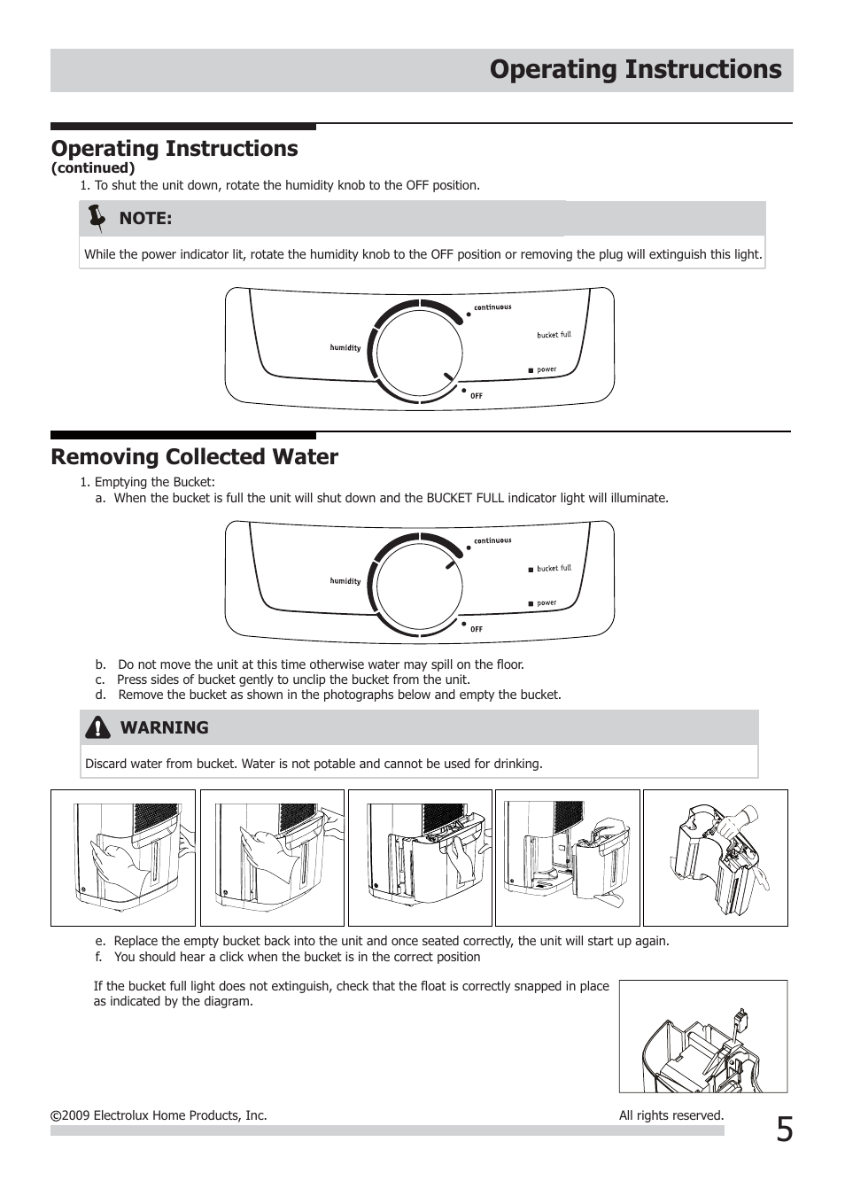 Operating instructions, Removing collected water | FRIGIDAIRE DEHUMIDIFIER 2020264A0429 User Manual | Page 5 / 8