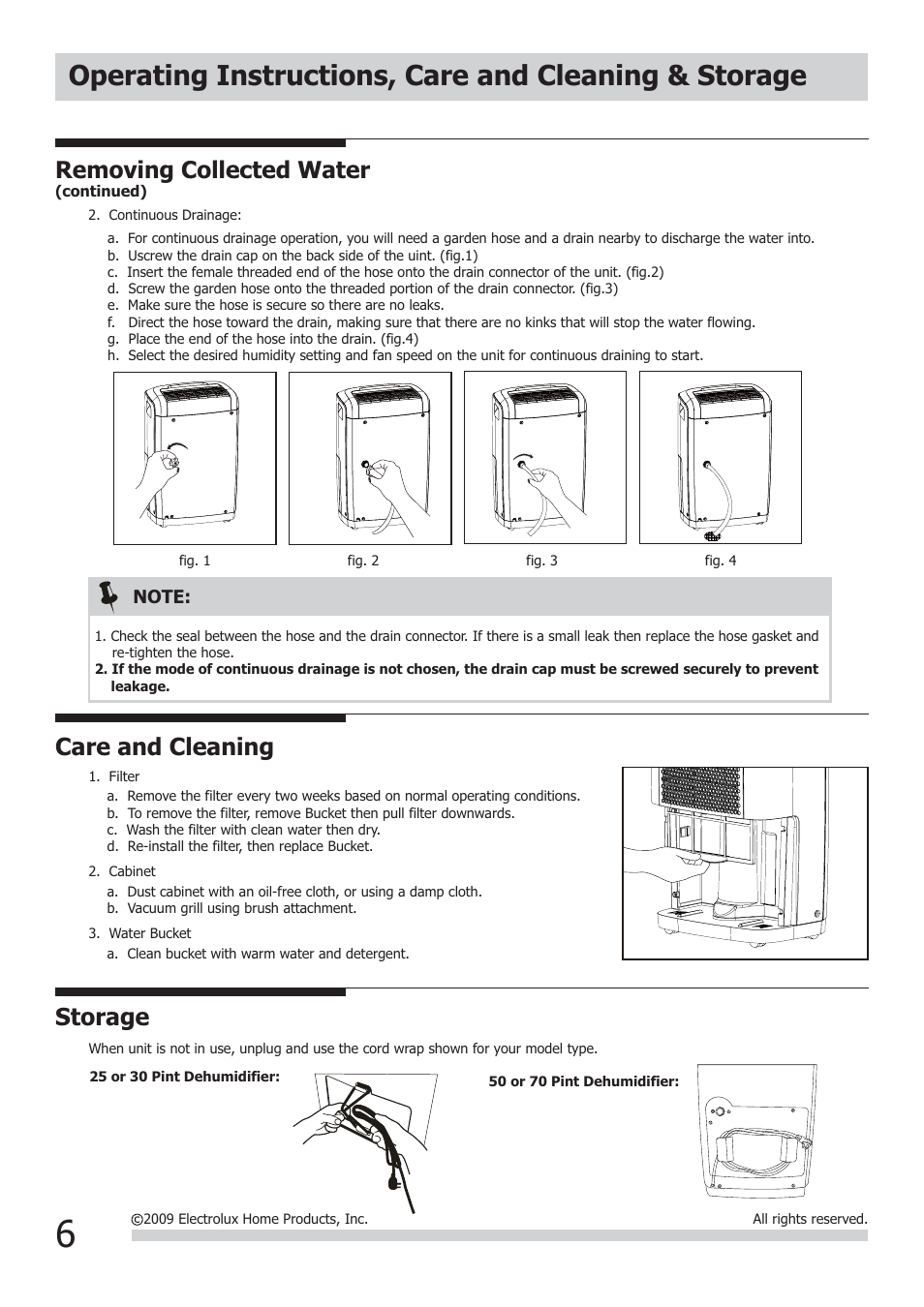 Removing collected water, Care and cleaning, Storage | FRIGIDAIRE DEHUMIDIFIER 2020264A0429 User Manual | Page 6 / 8