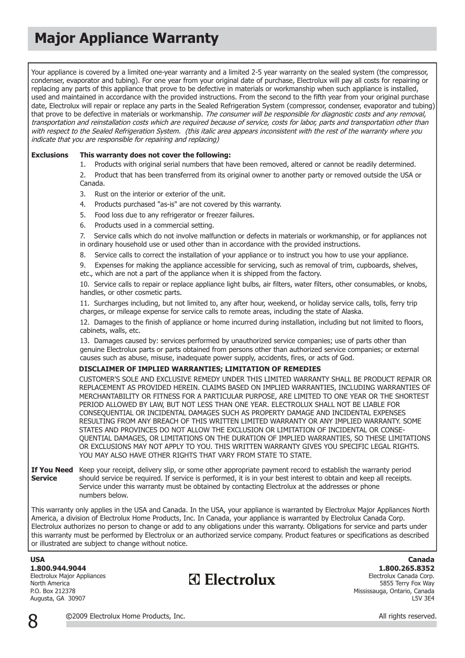 Major appliance warranty | FRIGIDAIRE DEHUMIDIFIER 2020264A0429 User Manual | Page 8 / 8