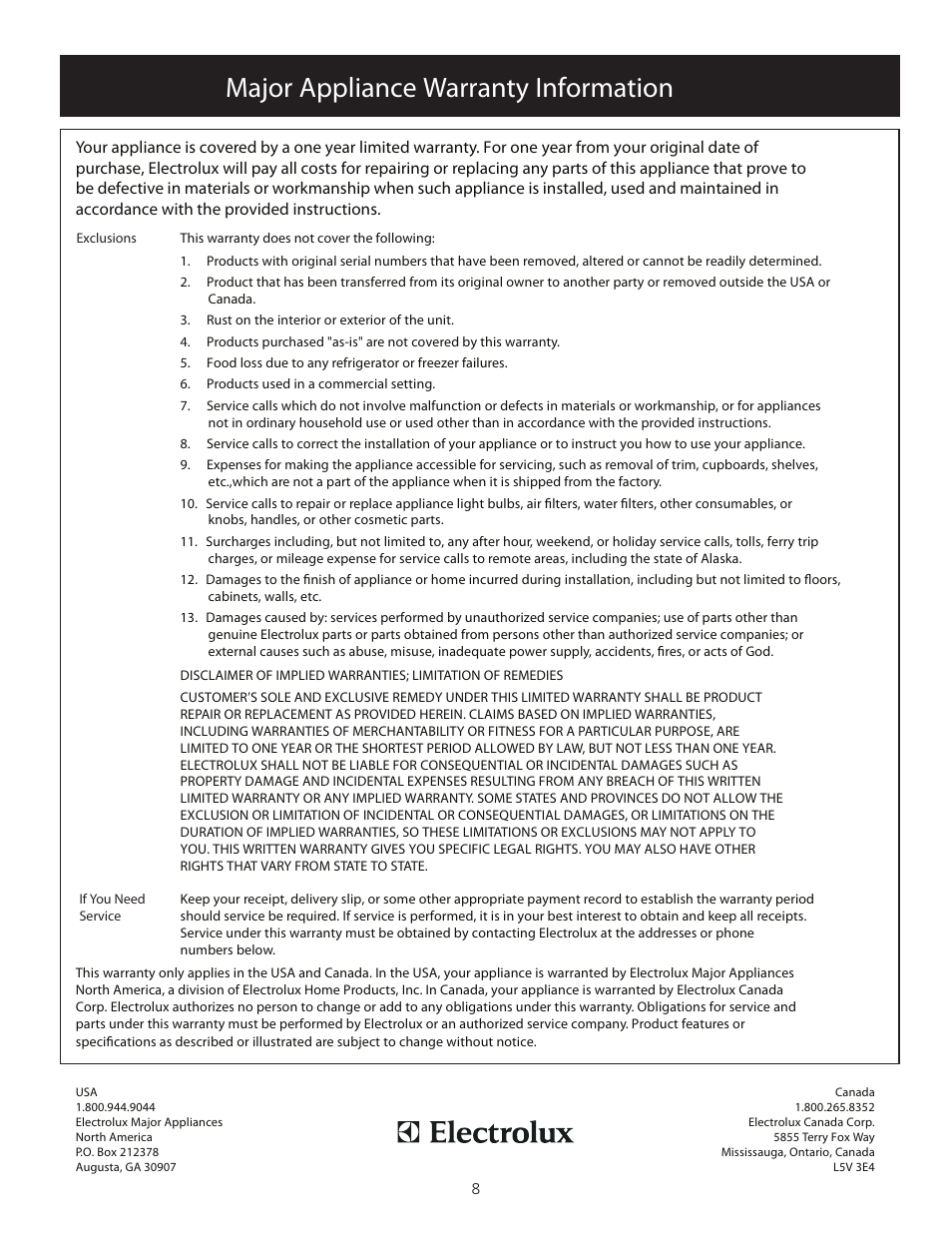 Major appliance warranty information | FRIGIDAIRE 137118000A User Manual | Page 8 / 9