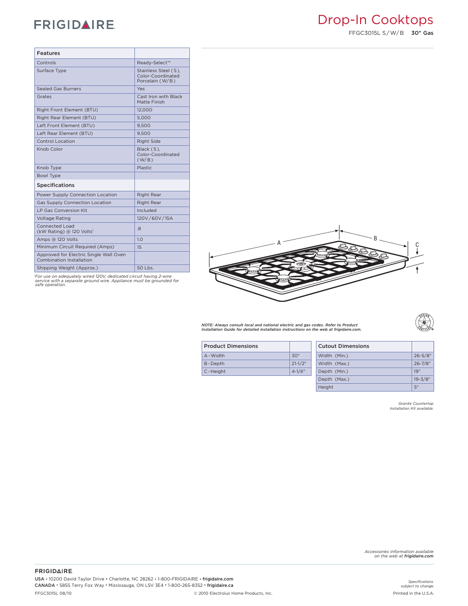 Drop-in gas cooktops frigidaire baseline, Drop-in cooktops | FRIGIDAIRE FPEC3085K User Manual | Page 2 / 2