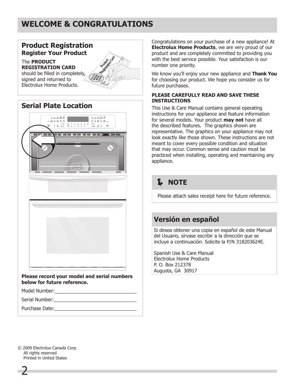 Product registration, Serial plate location, Versión en español | FRIGIDAIRE 318205303 User Manual | Page 2 / 28