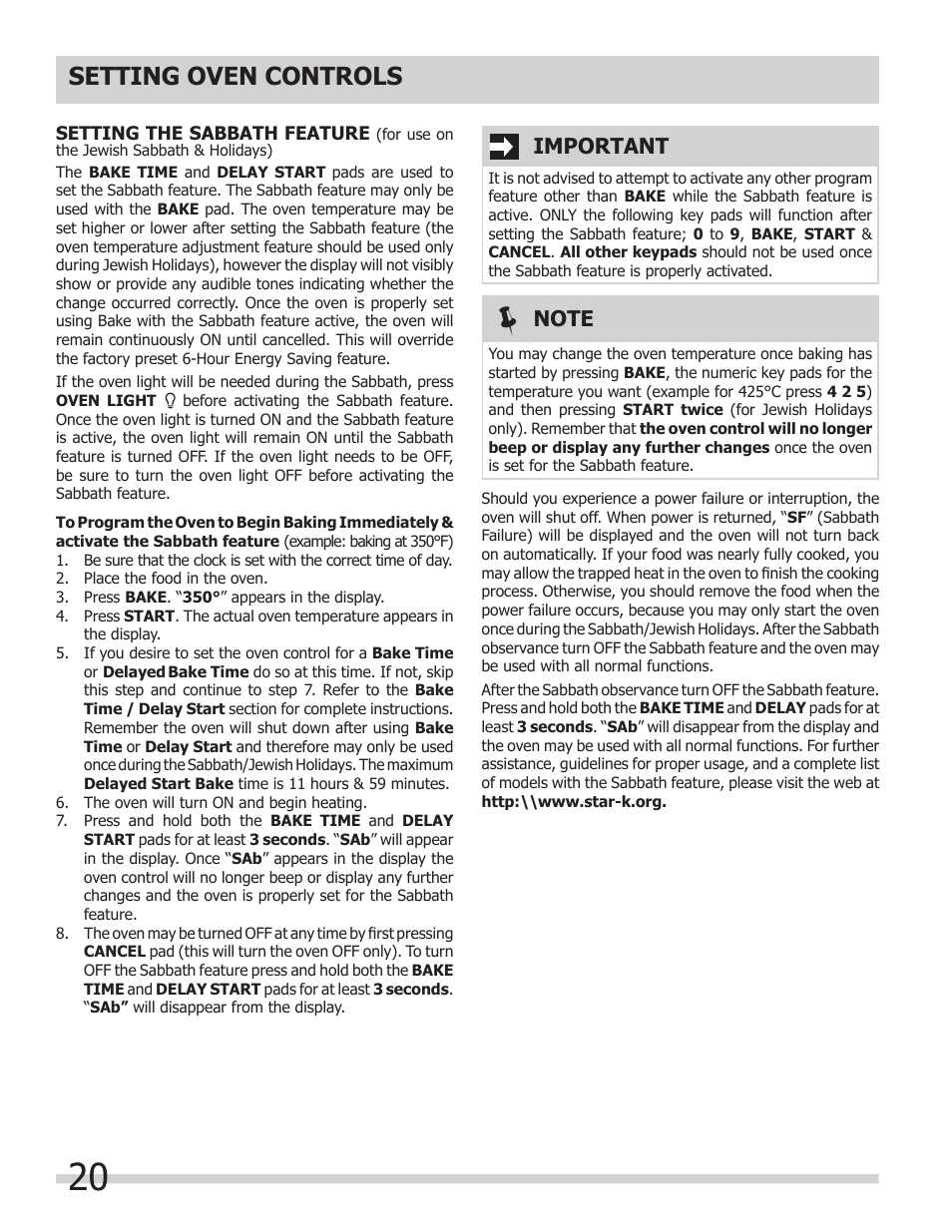 Setting oven controls, Important | FRIGIDAIRE 318205303 User Manual | Page 20 / 28