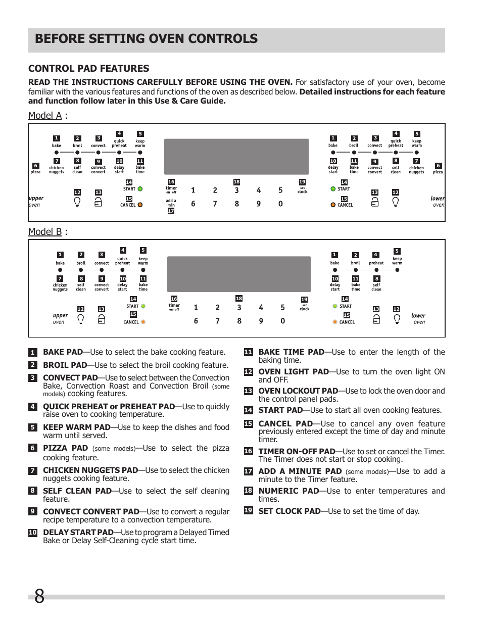 Before setting oven controls, Control pad features, Model a : model b | FRIGIDAIRE 318205303 User Manual | Page 8 / 28