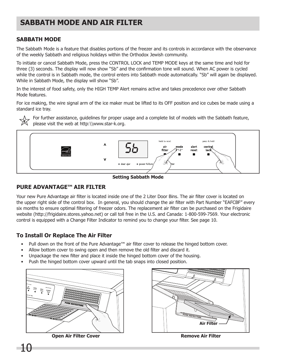 Sabbath mode and air filter | FRIGIDAIRE 297298800 User Manual | Page 10 / 22