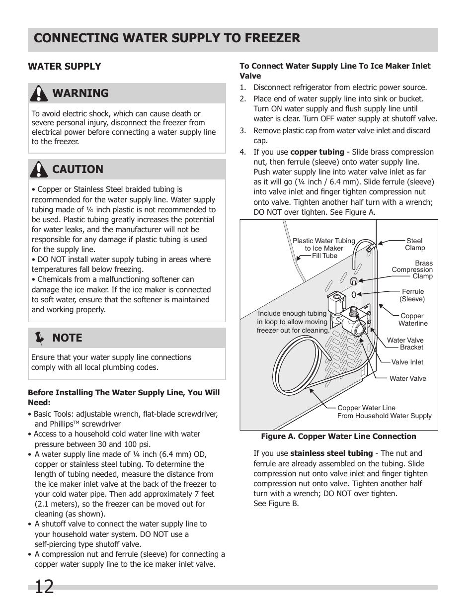 Connecting water supply to freezer, Warning, Caution | FRIGIDAIRE 297298800 User Manual | Page 12 / 22