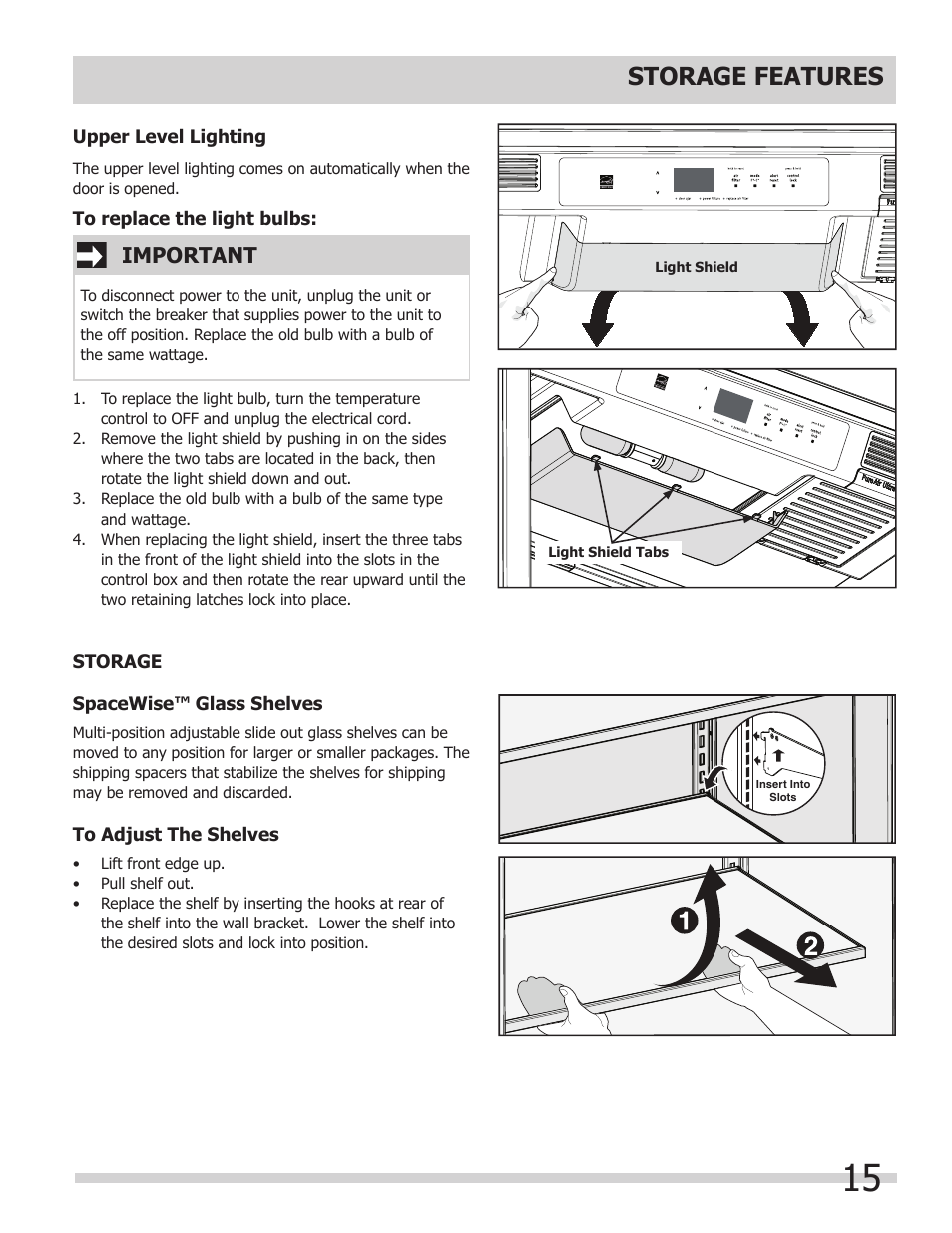 Storage features, Important | FRIGIDAIRE 297298800 User Manual | Page 15 / 22