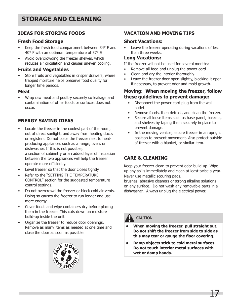 Storage and cleaning | FRIGIDAIRE 297298800 User Manual | Page 17 / 22