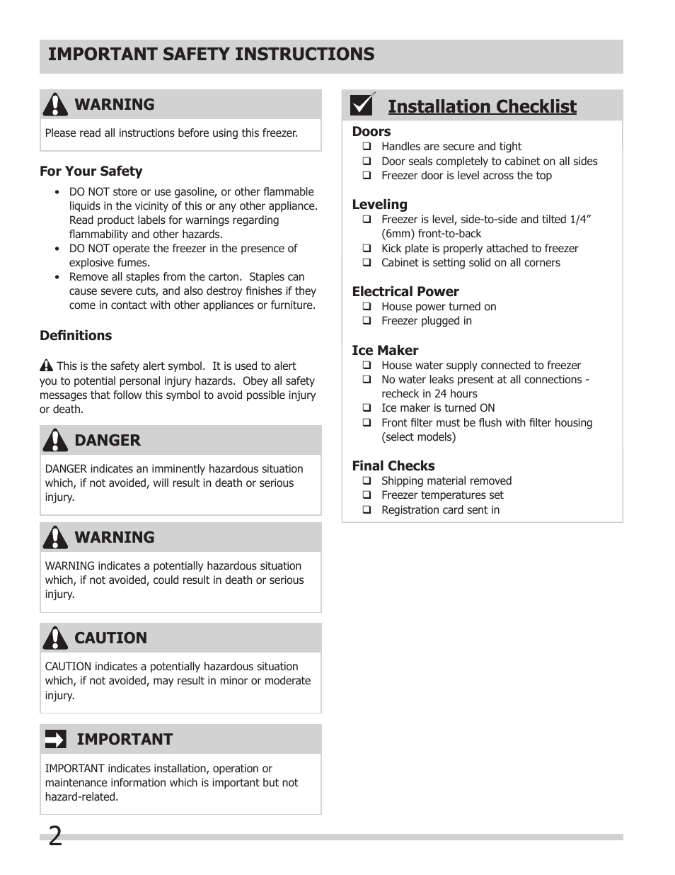 Important safety instructions, Installation checklist | FRIGIDAIRE 297298800 User Manual | Page 2 / 22