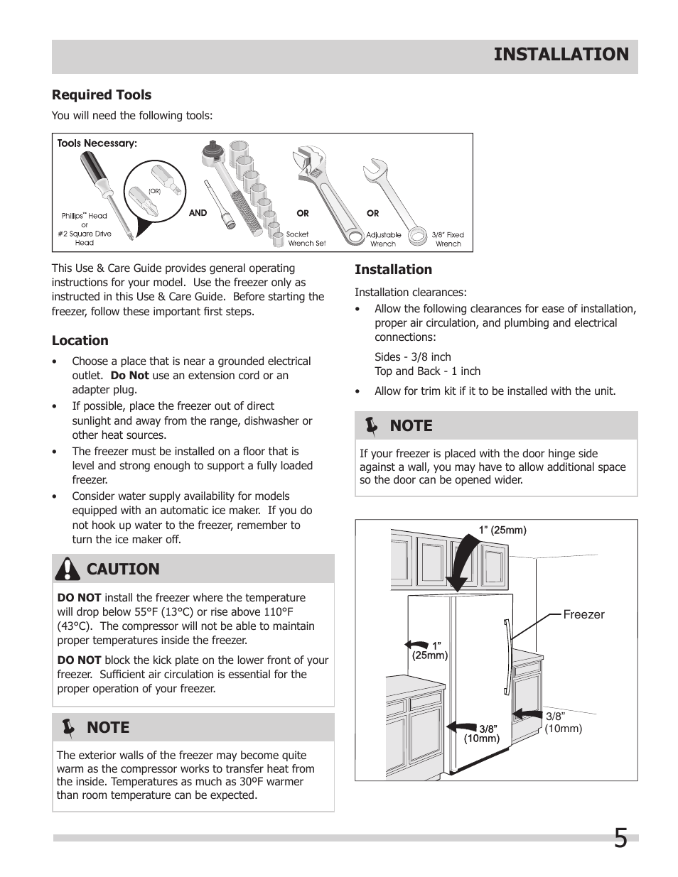 Installation, Caution | FRIGIDAIRE 297298800 User Manual | Page 5 / 22