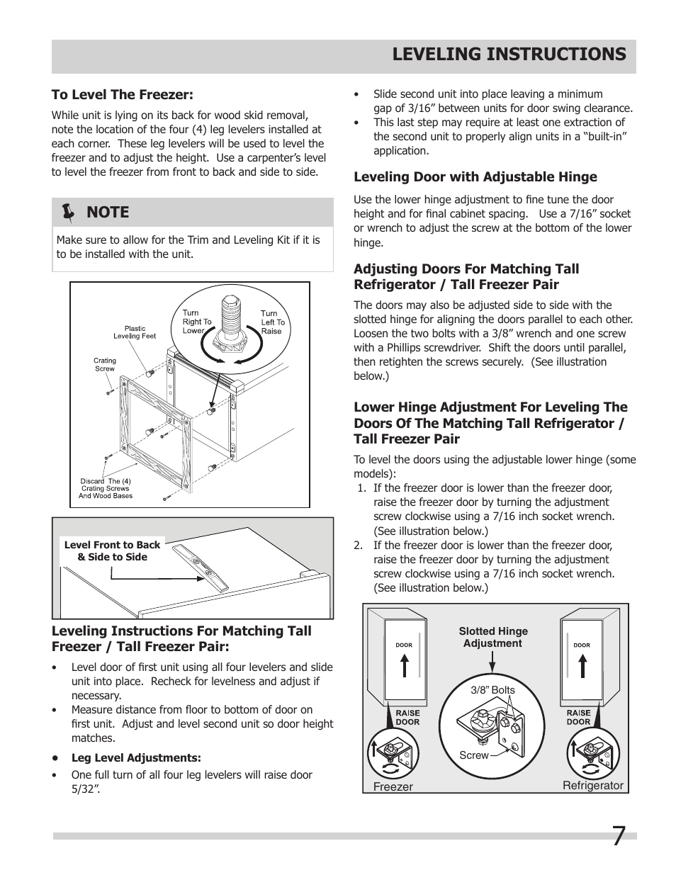 Leveling instructions | FRIGIDAIRE 297298800 User Manual | Page 7 / 22