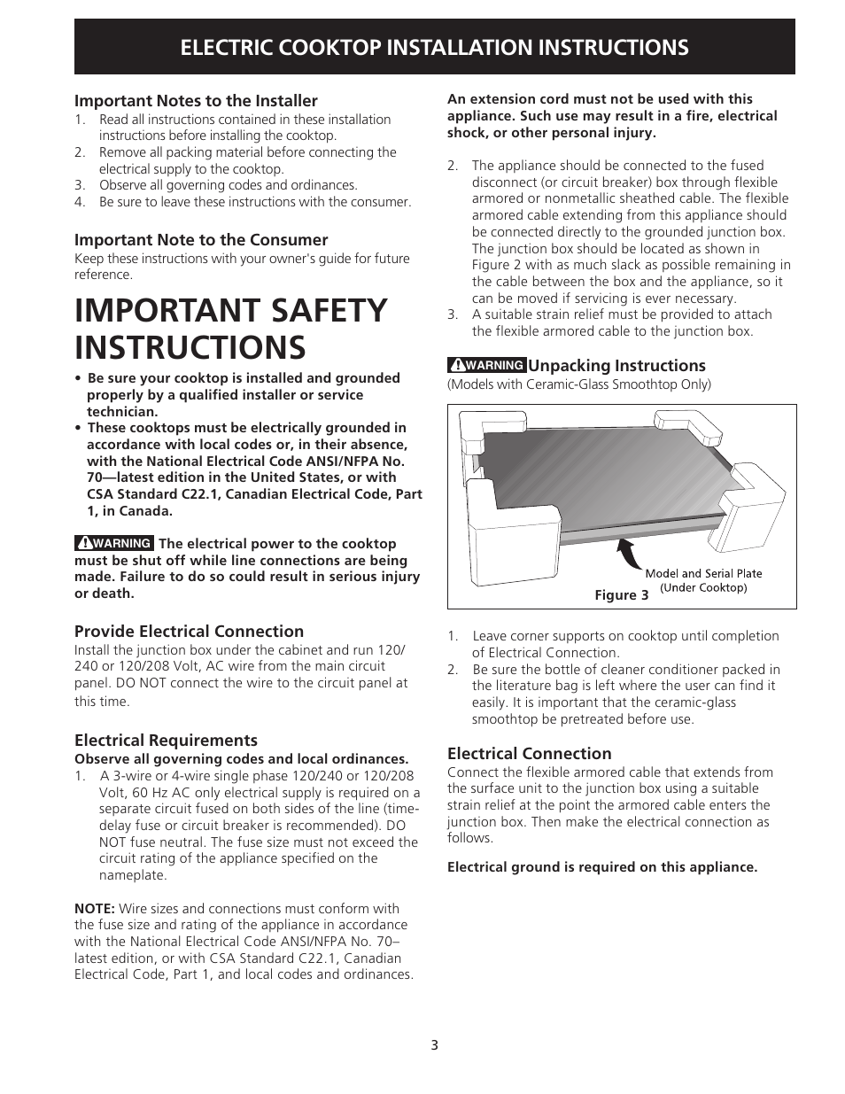 Important safety instructions, Electric cooktop installation instructions | FRIGIDAIRE FEC32S6AS User Manual | Page 3 / 20
