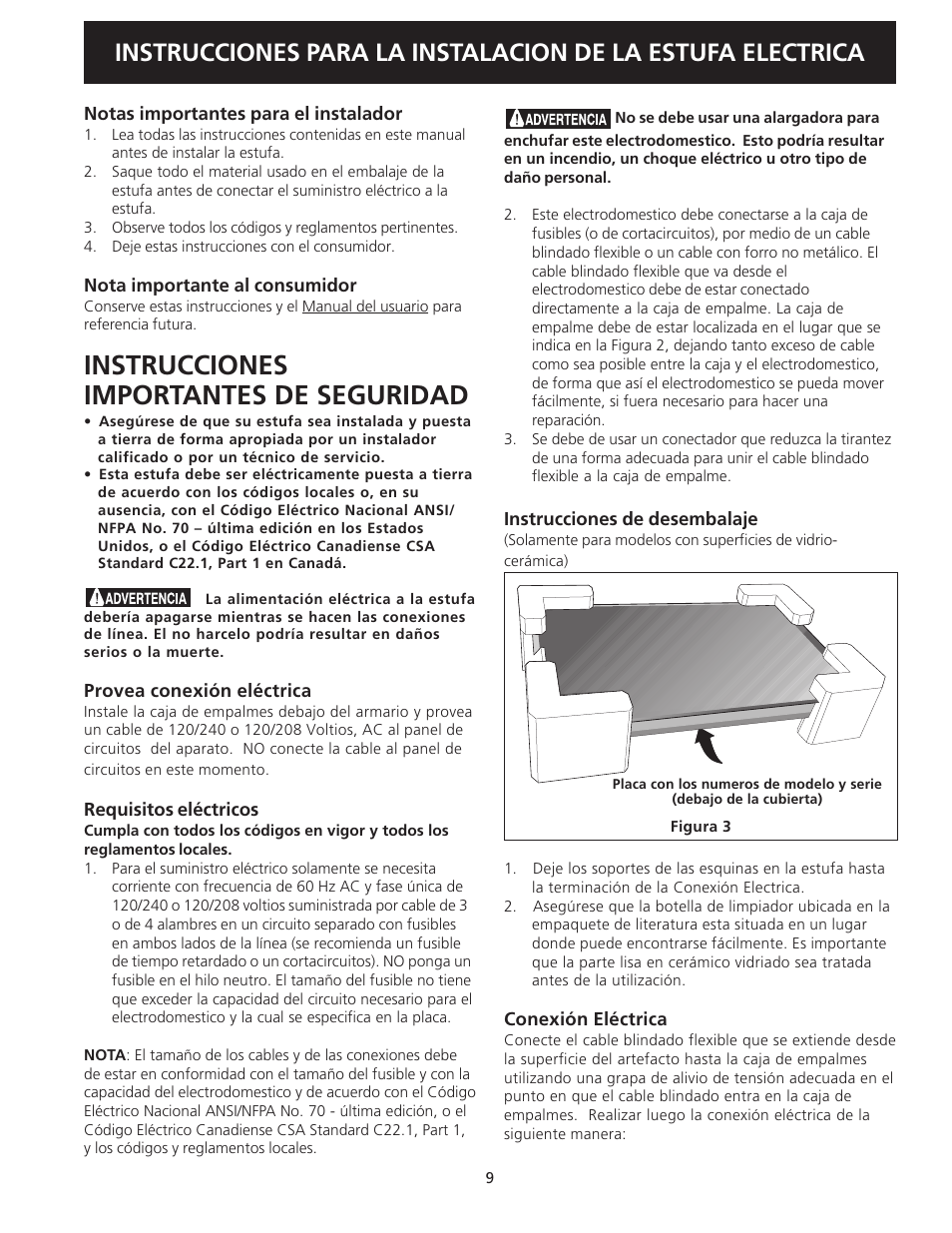 Instrucciones importantes de seguridad | FRIGIDAIRE FEC32S6AS User Manual | Page 9 / 20