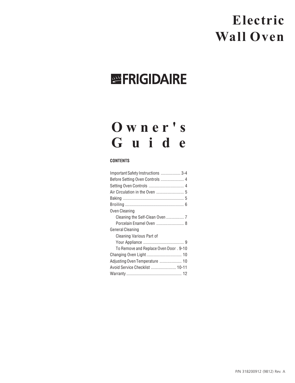 FRIGIDAIRE 318200912 User Manual | 12 pages